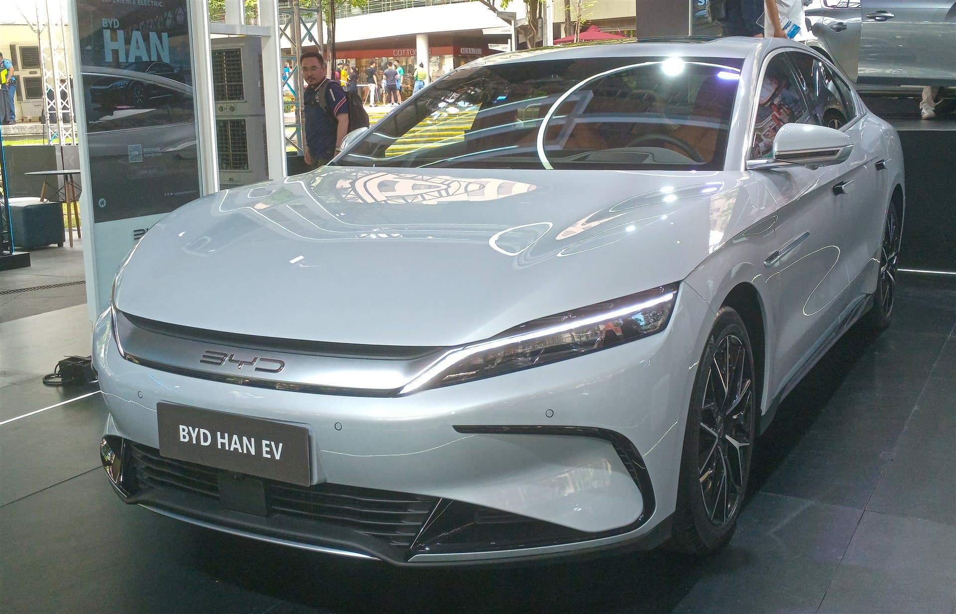 BYD Han electric sedan front three-quarter view illustrating Dynasty-series flagship design language